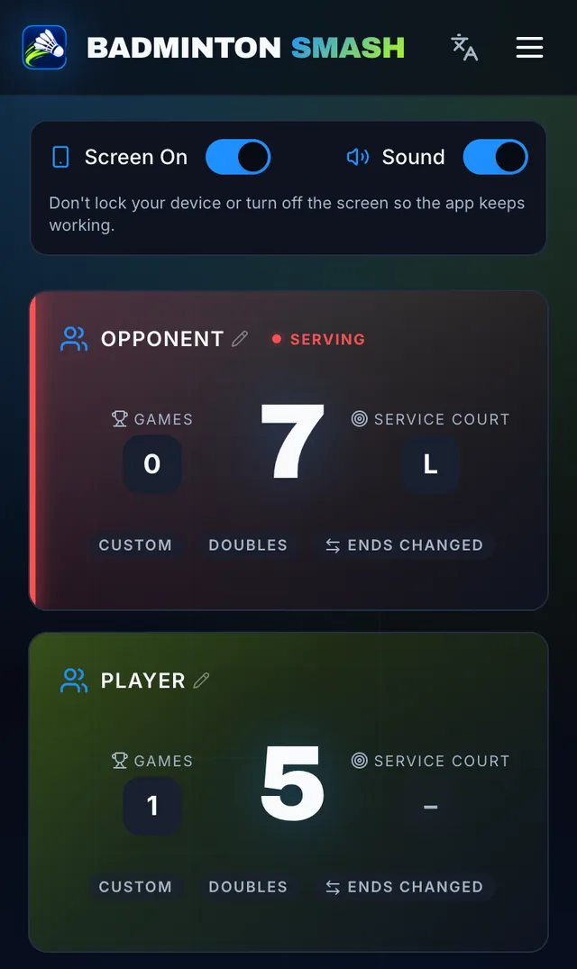 The Badminton Smash live scoreboard on a phone, with Sound on and a card for each side showing the points and the service court