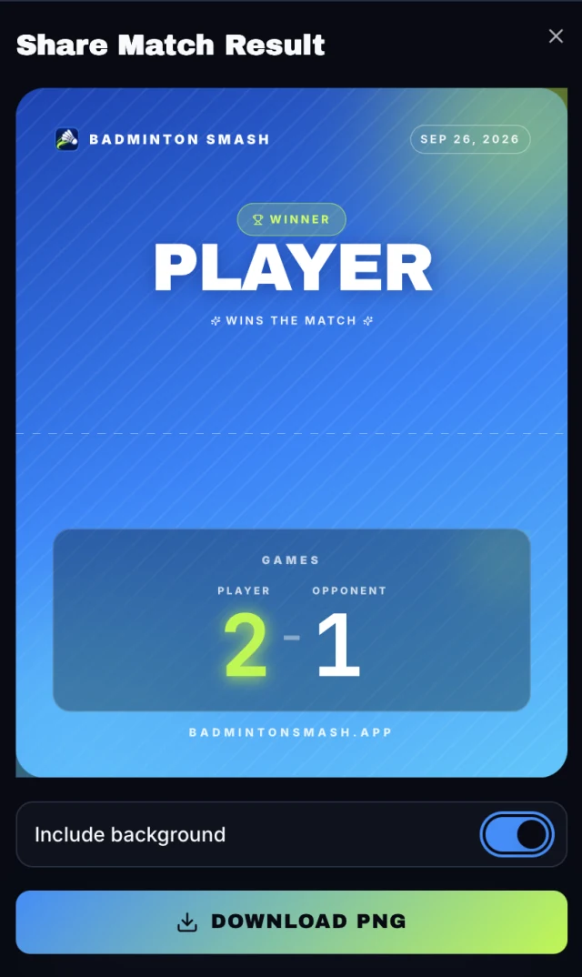 The Share Match Result preview on badmintonsmash.app: Player wins 2-1, with a Download PNG button