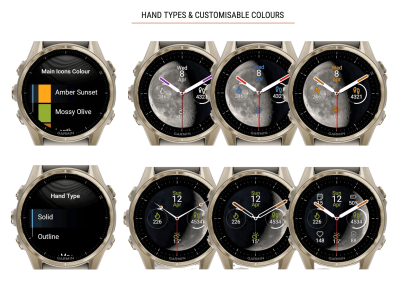 Moon Analogue hand types and colours: watches showing solid and outline hands with different accent colours