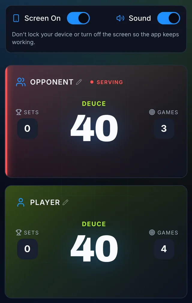 The Padel Smash live scoreboard on a phone at deuce, with the Screen On and Sound switches at the top