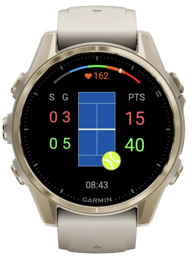 Padel Smash mid-match on a Garmin watch: sets and games on the left, points on the right and the serve guide on a mini padel court