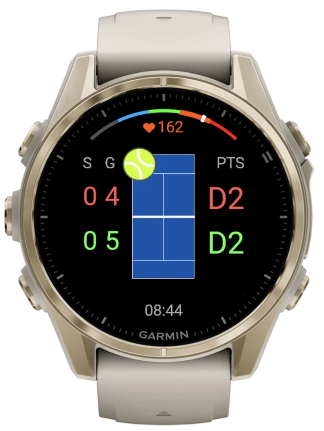 A Garmin watch running Padel Smash under Star Point, with both sides showing D2 in place of a points score