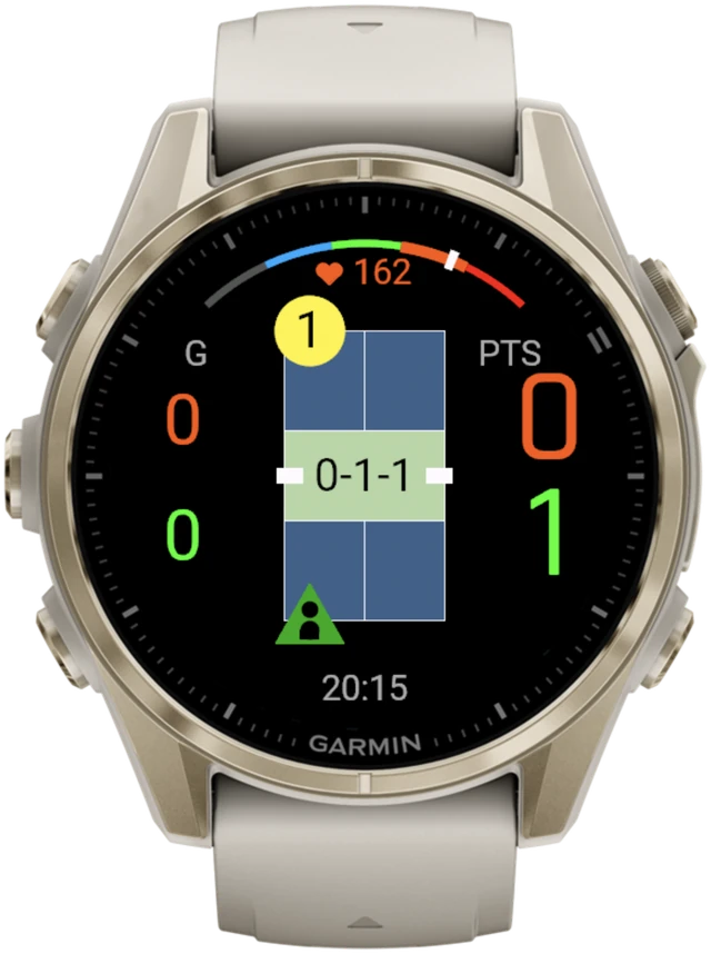 Pickleball Smash in doubles: a yellow ball with a 1 on the mini court, the player icon and Score Glance showing 0-1-1