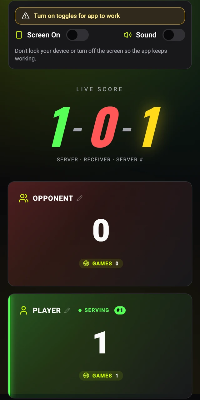 The Pickleball Smash live scoreboard on a phone, with the score call 1-0-1 and a card for each side