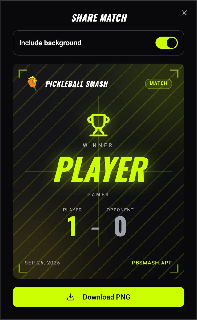The Share match dialog on pbsmash.app with a result card and a Download PNG button