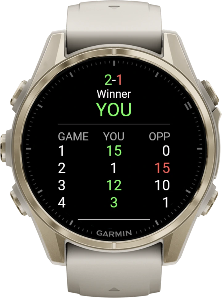The Ping Pong Smash match summary on the watch: 2-1, winner YOU, with the score of each game