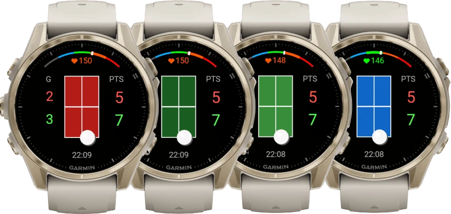 Four Garmin watches showing the Ping Pong Smash match screen with a red, dark green, green and blue table