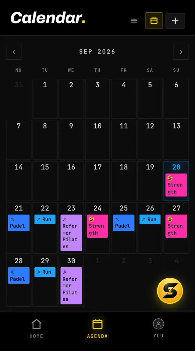The Smash Coach month calendar with coloured session pills and a legend for planned, done, skipped and event