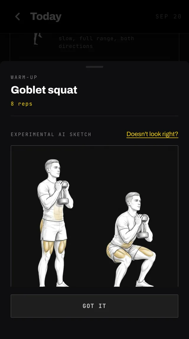 The Smash Coach exercise sheet for a goblet squat, with a labelled AI sketch of the movement