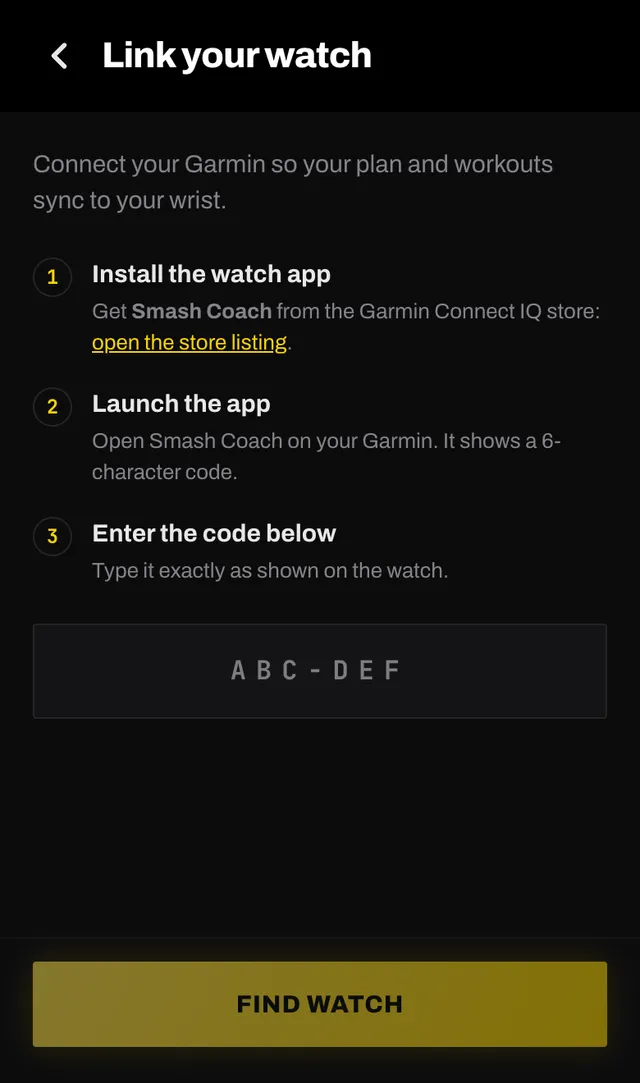 The Link your watch screen in Smash Coach, with three setup steps and a code field reading ABC-DEF
