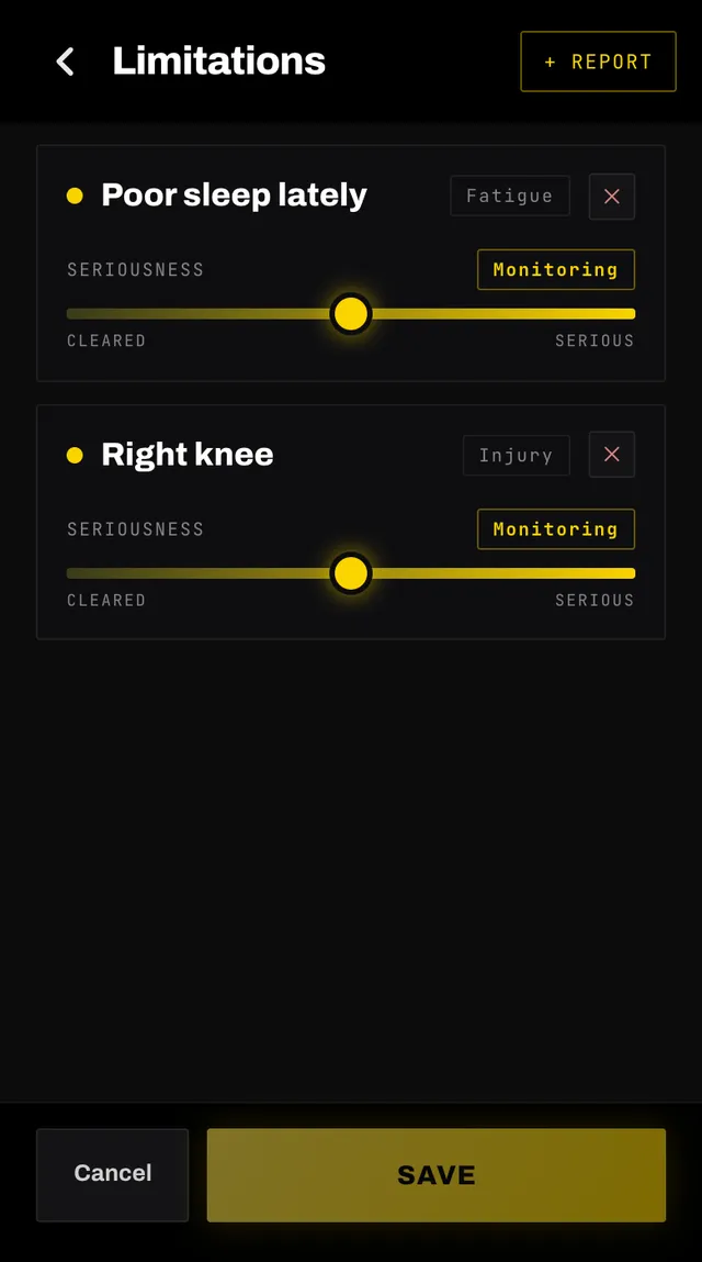 The Smash Coach limitations screen with a poor sleep flag and a right knee injury, each with a seriousness slider