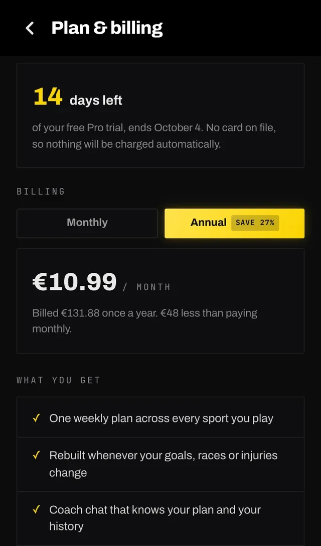 The Smash Coach plan and billing screen showing the days left of the free trial and monthly and annual options