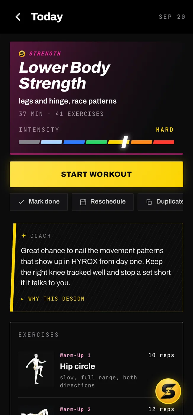 A Smash Coach session titled Lower Body Strength, with its intensity, a Start Workout button and a coach note explaining the session