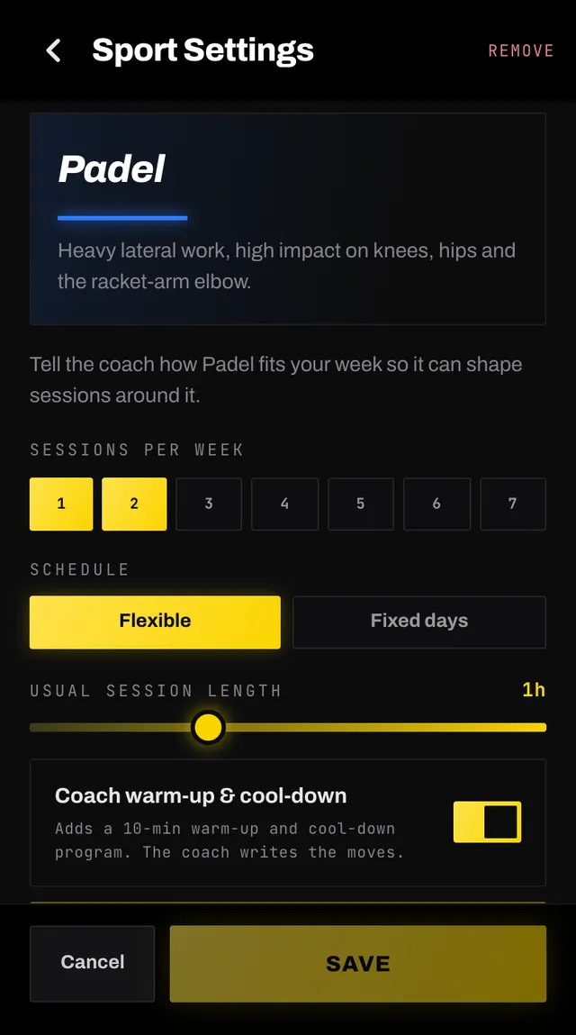 Smash Coach sport settings for padel: sessions per week, flexible or fixed days, and session length