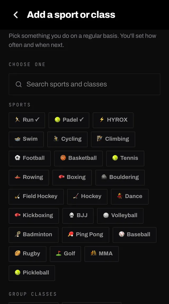 The Smash Coach picker for adding a sport or class, with chips grouped under sports and group classes