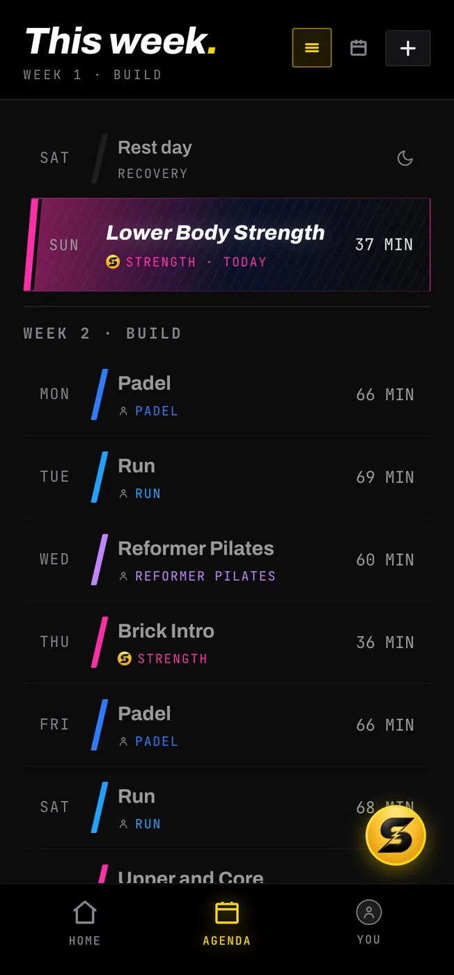 The Smash Coach week view listing a rest day, a strength session, padel, runs, reformer Pilates and a brick session across two weeks
