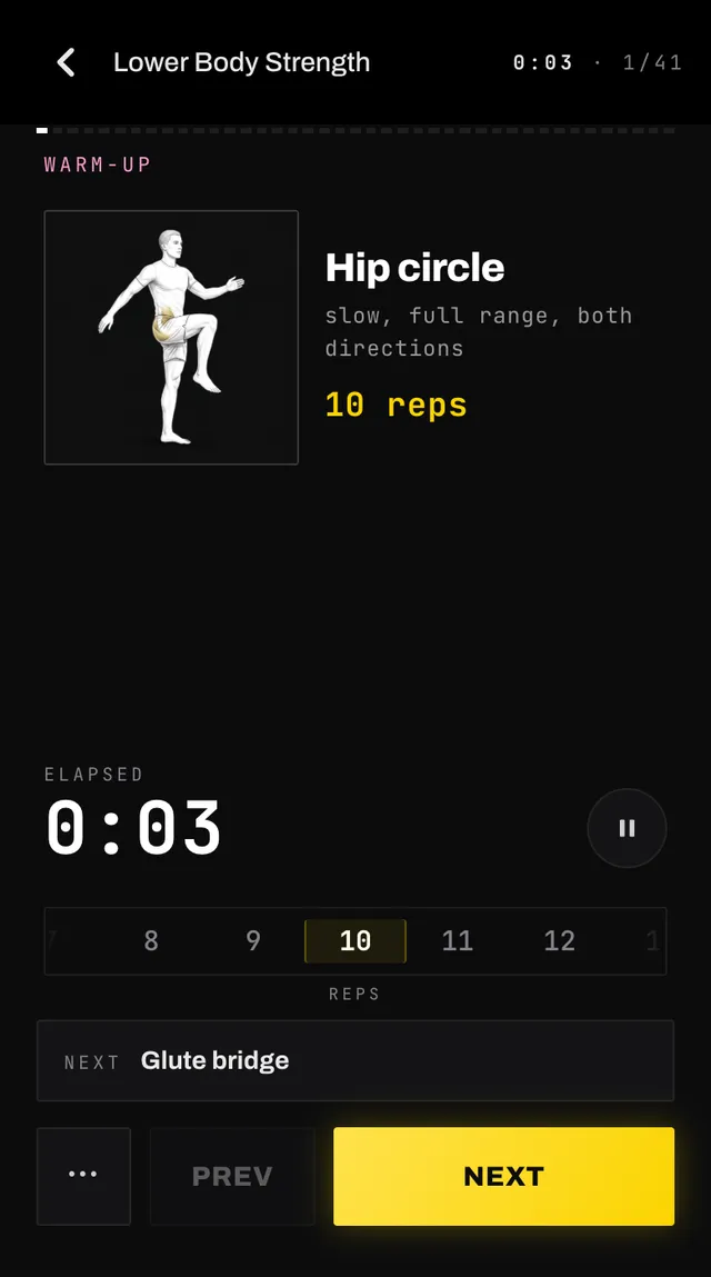 Smash Coach workout mode showing a warm-up hip circle with its sketch, a target of ten reps, the elapsed time and Previous and Next buttons