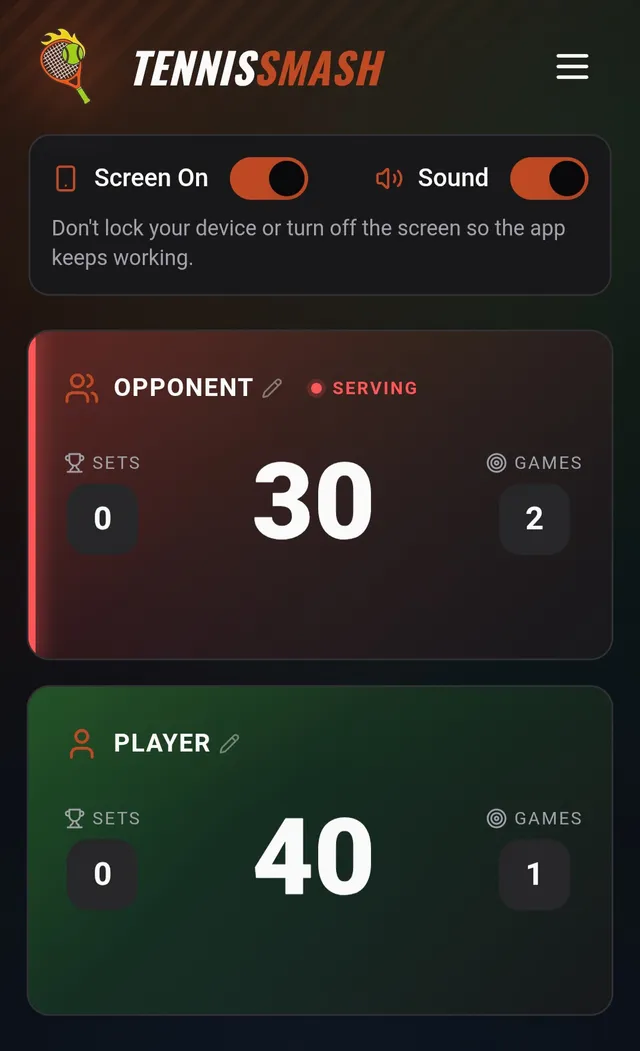 The Tennis Smash live match page on a phone, with Screen On and Sound switched on and the opponent serving at 30-40