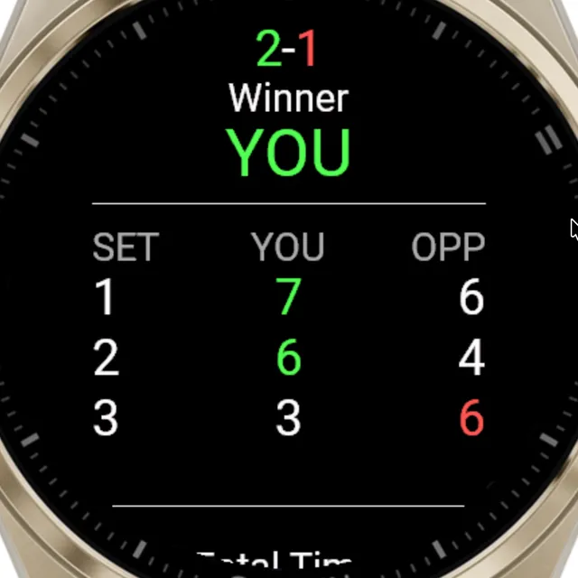 The Tennis Smash match summary on the watch: 2-1, winner YOU, with the games of each set