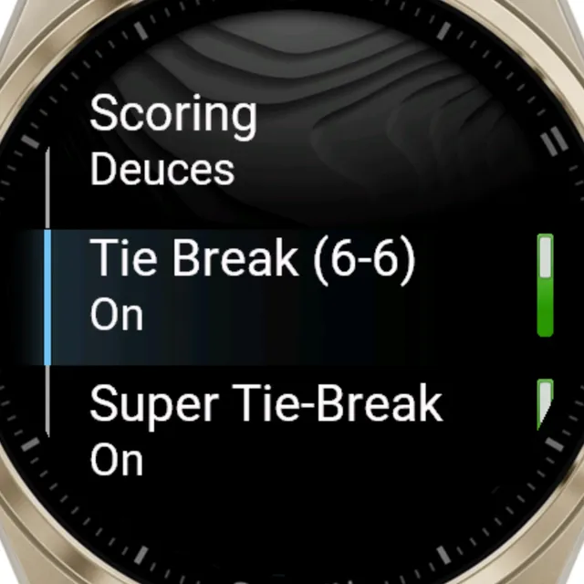 The Tennis Smash Scoring menu with Deuces, Tie Break (6-6) on and Super Tie-Break on
