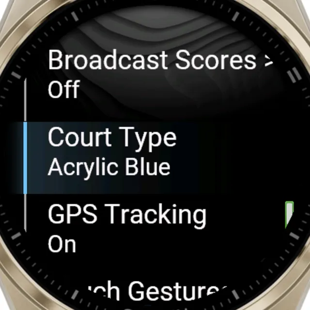 Tennis Smash settings on a Garmin watch: Broadcast Scores off, Court Type Acrylic Blue and GPS Tracking on